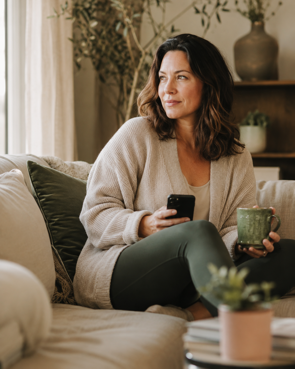 A woman relaxing at home holding her phone.