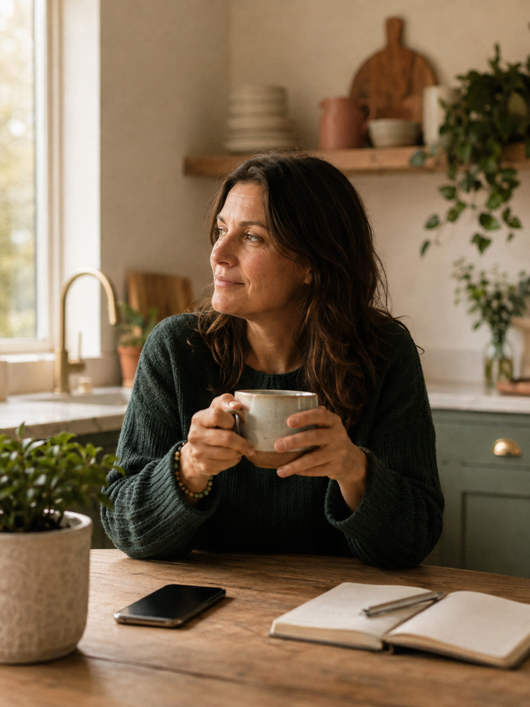 A woman sits at her kitchen table in the morning, holding a mug of coffee, with an open journal beside her