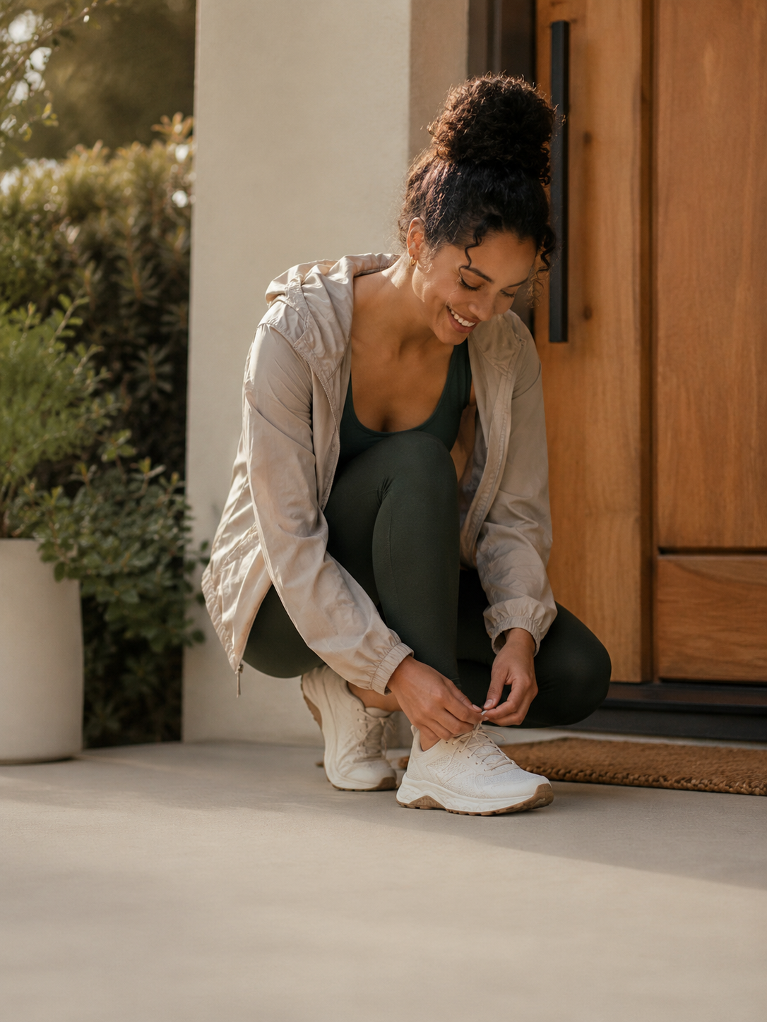 A woman catches her breath at her front door after a walk, energized and at ease in the morning light
