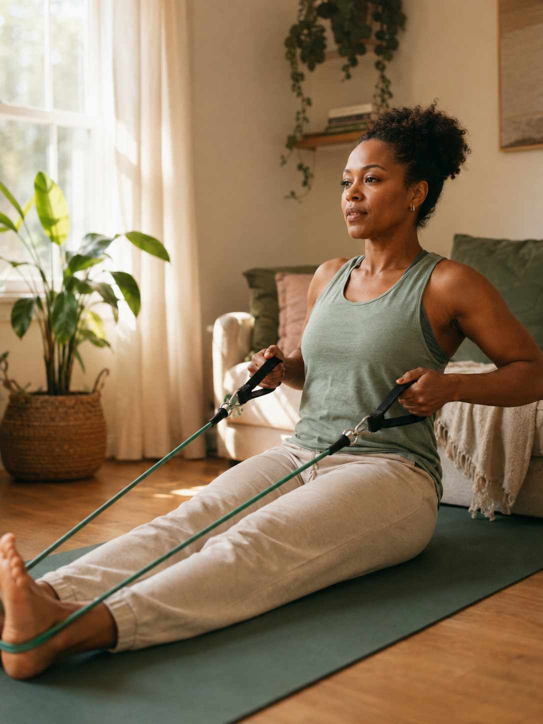 A woman does a strength exercise at home in a sunlit living room