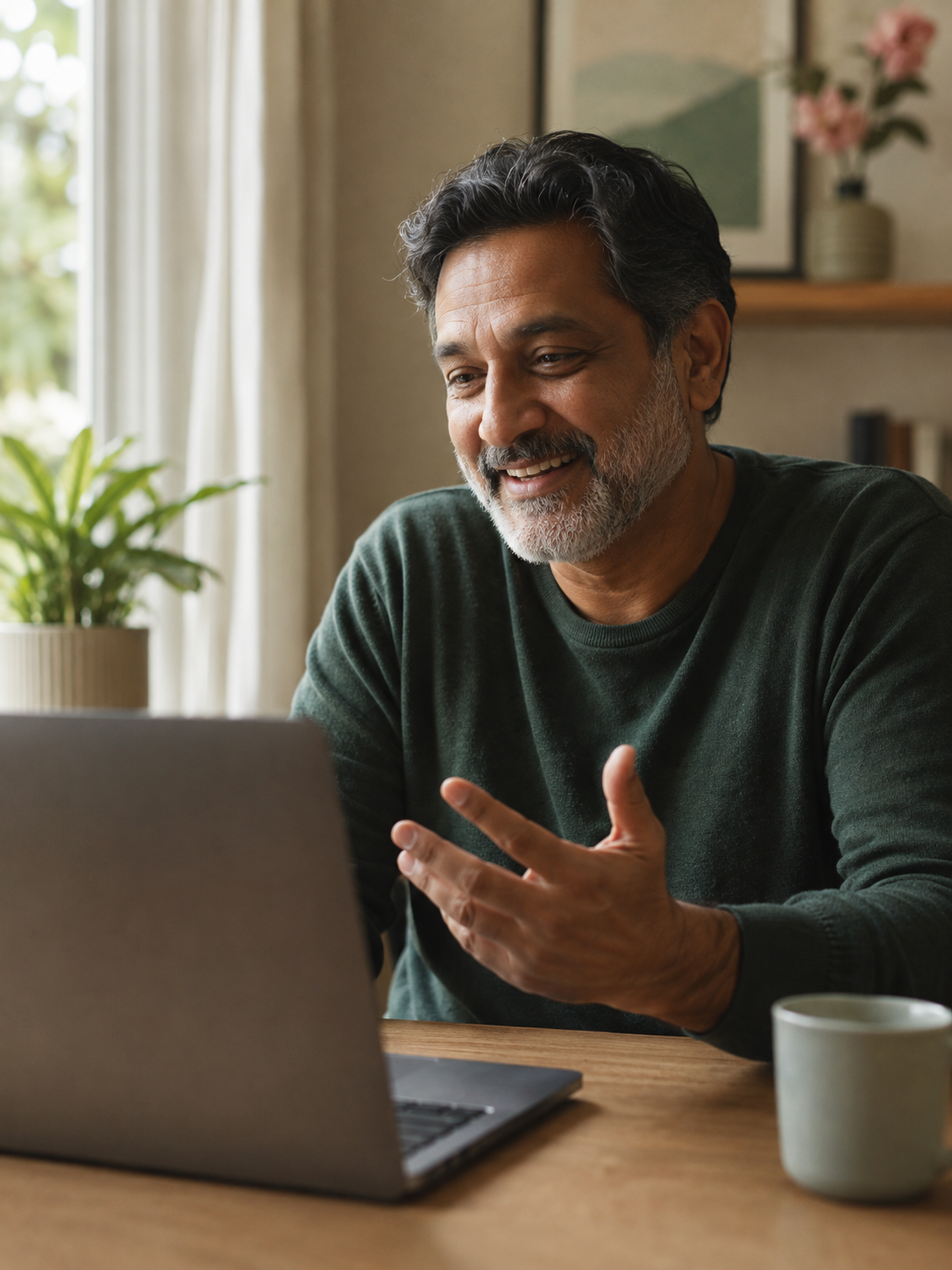 A man sits at a home desk, engaged in a warm video call with his provider