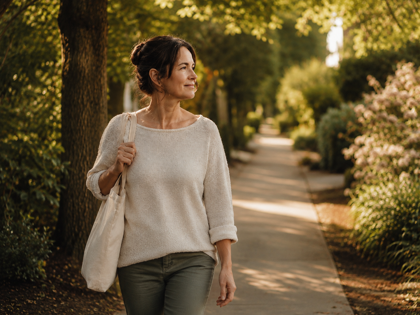 A woman walking outdoors on a tree-lined path.