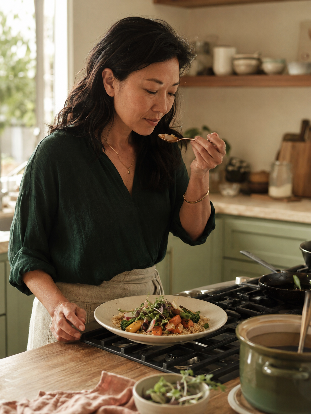 A woman plates a simple, colorful meal at her kitchen counter in warm morning light