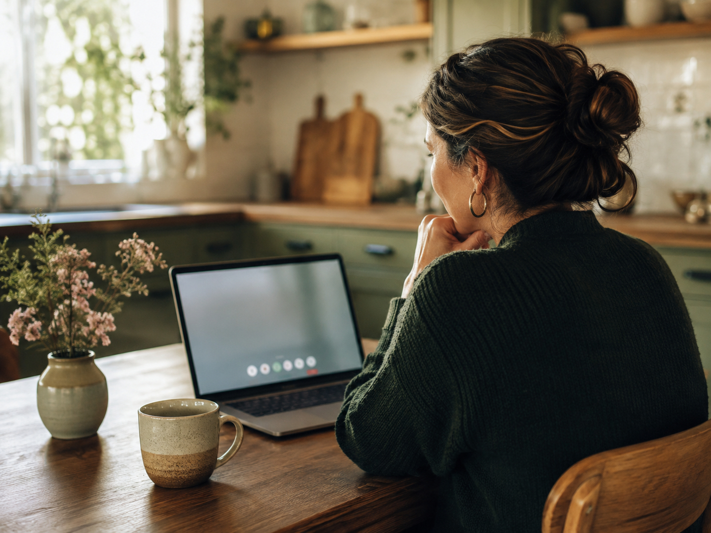 A woman on a video call at her kitchen table at home.